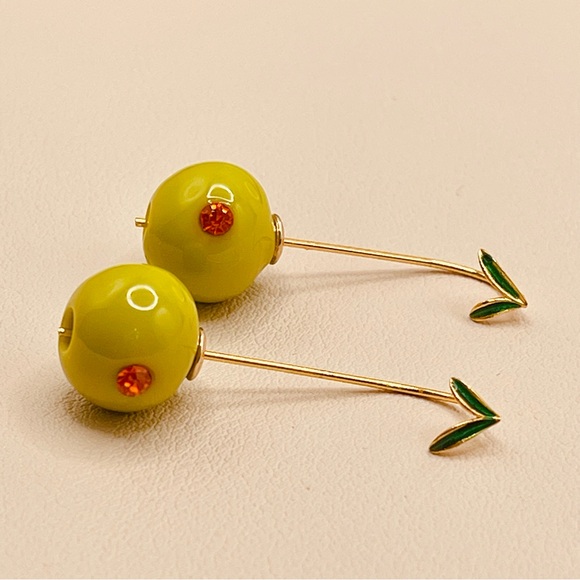 Anthropologie Gold and Green Olive Drop Design Threader Earrings - Picture 3 of 12